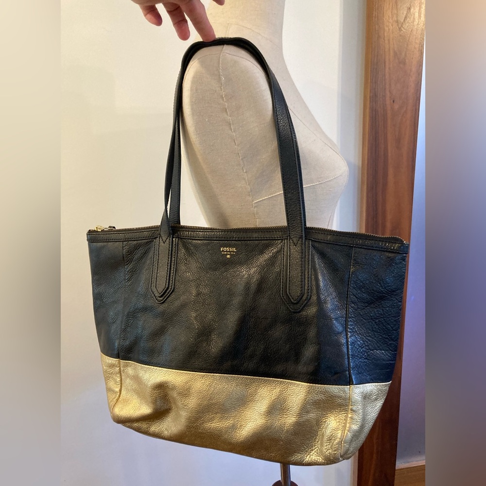 Fossil black/gold leather tote